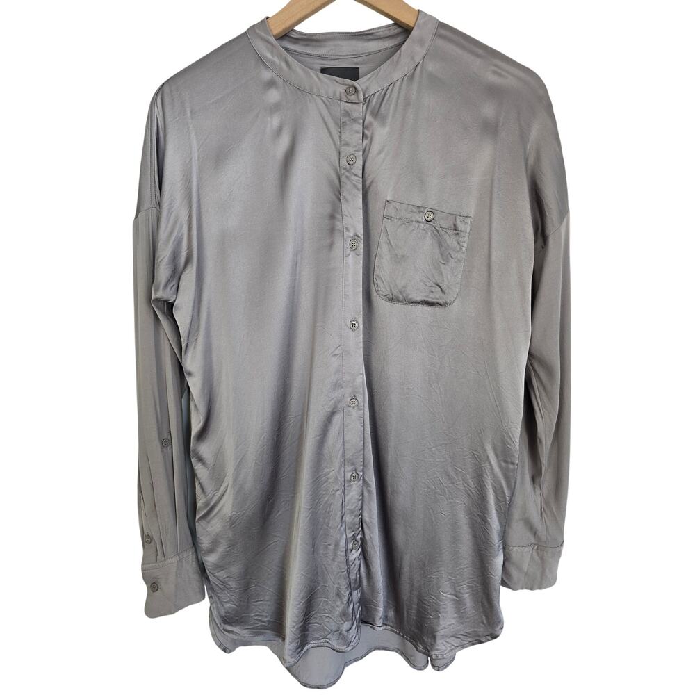 Lysse Gray Satin Button Down Pocket Blouse Minimalist Top Size S